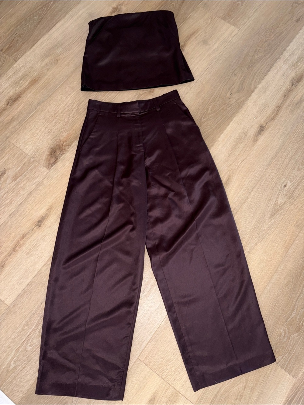 A.L.C. Satin Wide Leg Pants And Strapless Top in Deep Brown